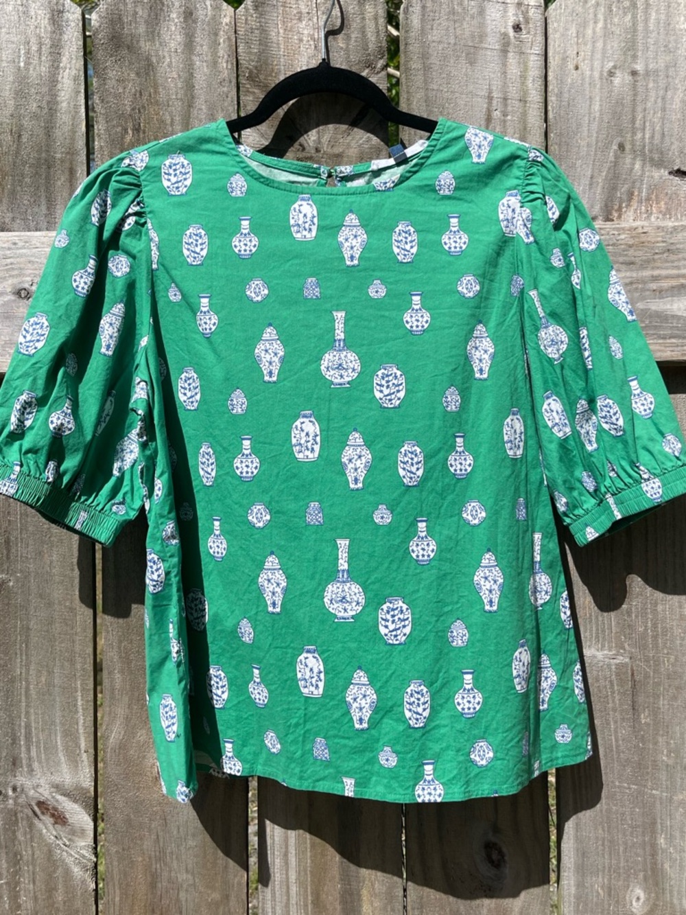 Michelle McDowell Green Printed Puff-Sleeve Blouse with Vase Motif